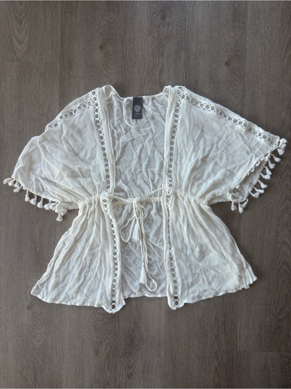 Vince Camuto White Boho Tassel Kimono Cover-Up Open Front Tie Top OS